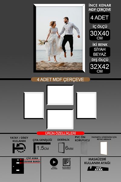 yhfoto 4 bucăți 30x40 rame - rame A3 cu șipci subțiri - 2 culori alb-negru - rame foto de 6 mm
