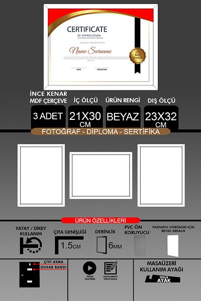 yhfoto 3 Pieces 21X30 Frame - Fine Slatted A4 Frame - White Frame - Photo Certificate Frame