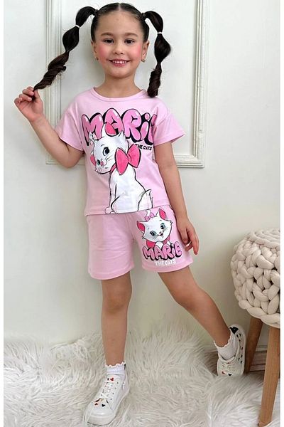 Yağmur Giyim Pjkskt Marie Sweet Kitten Patterned Pink Shorts Girl's Short Sleeve Suit 7623-P