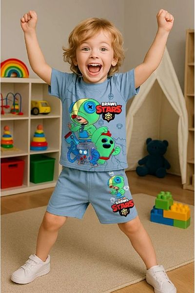 Yağmur Giyim Pjkskt Brawl Stars Patterned Blue Shorts Boys Short Sleeve Suit 7508-m