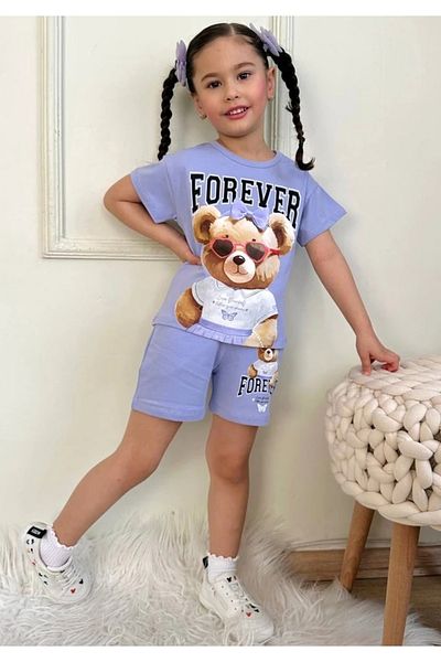 Yağmur Giyim Pjkskt Forever Sweet Teddy Bear Patterned Lilac Shorts Girl's Short Sleeve Set 7554-L