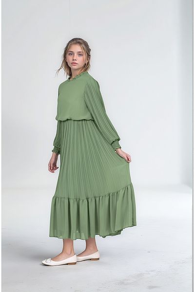 Jannock Young Girls Long Length Pleated Chiffon Cotton Hijab Dress