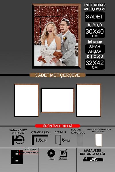 yhfoto 3 Pieces 30X40 Frame - Thin Slatted A3 Frame - 2 Colors Wood Black - 6mm Photo Frame