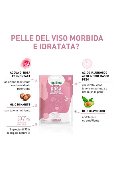 Equilibra Rosa Hyaluronic Face Mask, Made of 100% Natural Fabric, Amazing Moisturizing Effect, Single Dose