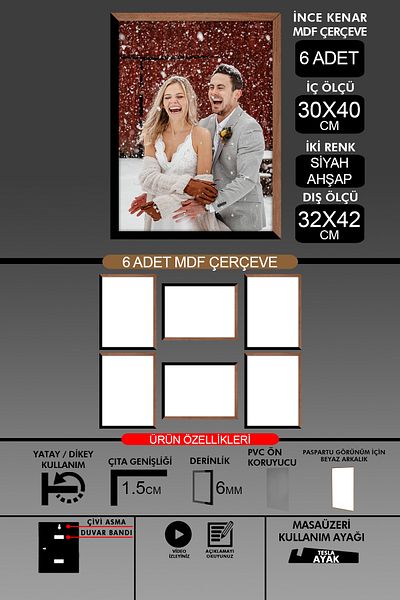yhfoto 6 Pieces 30X40 Frame - Thin Slatted A3 Frame - 2 Colors Wood Black - 6mm Photo Frame