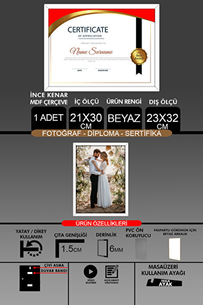 yhfoto 1Pcs 21X30 Frame - Slim Slatted A4 Frame - White Frame - Photo Certificate Frame