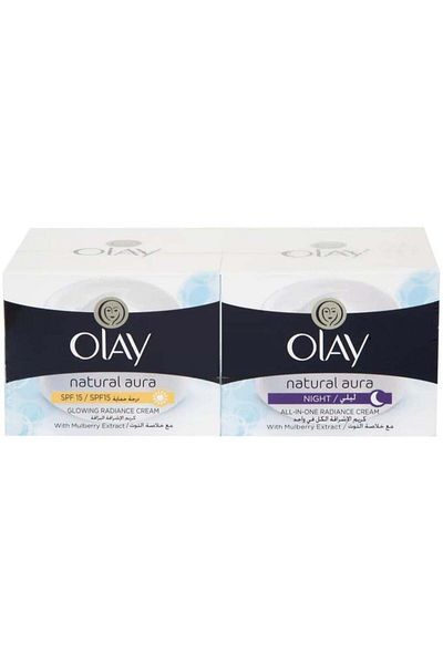 OLAY Natural Aura Glowing Radiance Day Cream SPF15 50 g with All In One Radiance Night Cream 50 gram