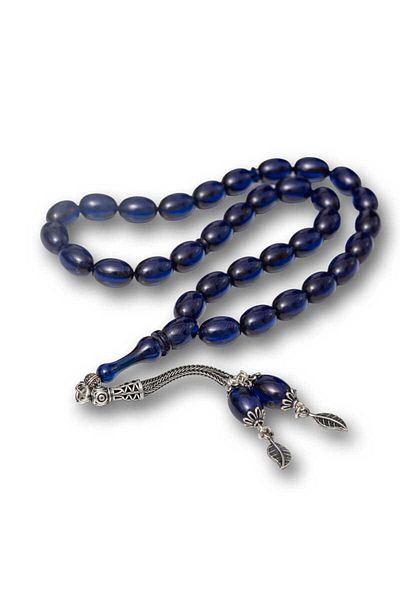 sedu Silver Tasseled Navy Blue Crimping Amber Prayer Beads