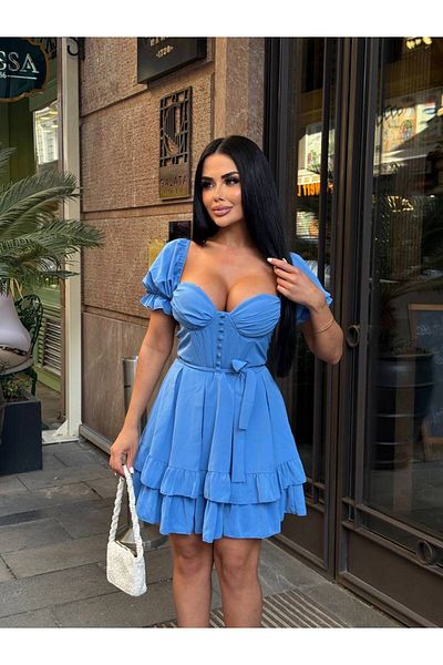 Stil Sepeti Rochie mini cu volane cu detaliu corset cu nasturi cu inimă albastră pentru femei ELY-100078104230