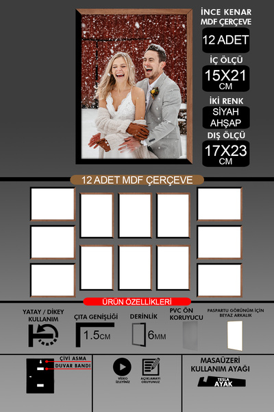 yhfoto 12 Pieces 15X21 Frame - Thin Slatted A5 Frame - 2 Colors Wood Black - 6mm Photo Frame