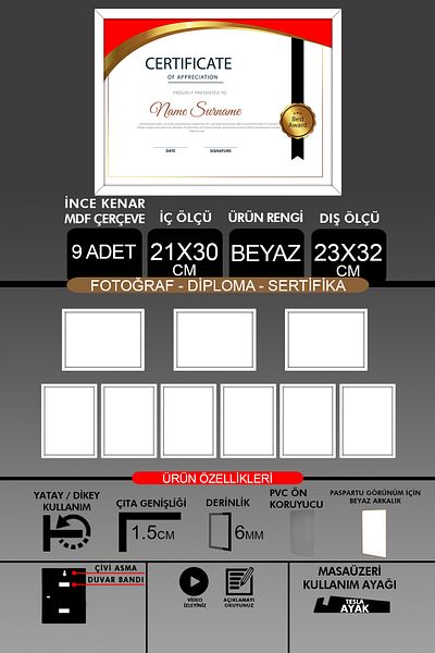 yhfoto 9 bucăți 21x30 cadru - cadru A4 cu șipci subțiri - cadru alb - cadru pentru certificat foto