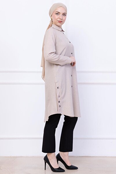 hafsamina Button Detailed Tunic Beige Hm2737