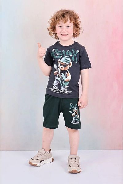 Yağmur Giyim Pjkskt Relax Guitarist Bear Patterned Green Shorts Boys Short Sleeve Suit 7608-Y