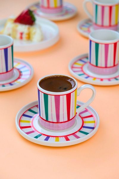 tabakevi Plate House Porcelain Color Stripe Coffee Cup Set 90Cc 6 Persons 12 Pieces