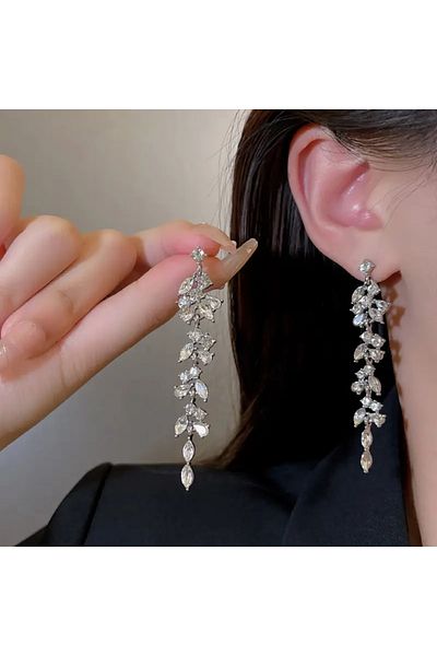 Atılgan Grp Chic Luxury Sparkling Stone Long Tassel Earrings, Korean Style Shiny Stone Long Flashy Women's Earrings