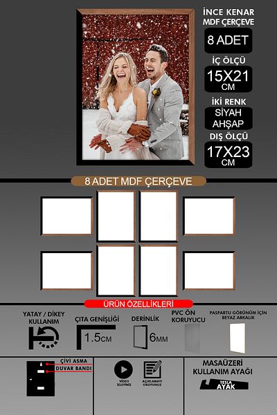 yhfoto 8 Pieces 15X21 Frame - Thin Slatted A5 Frame - 2 Colors Wood Black - 6mm Photo Frame