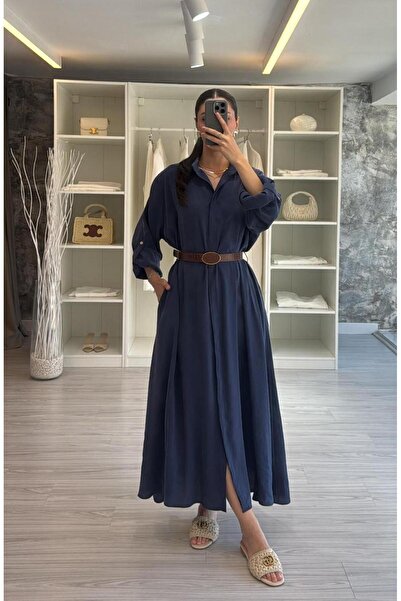LUUNA STORE Belted Shirt Dress - Navy Blue