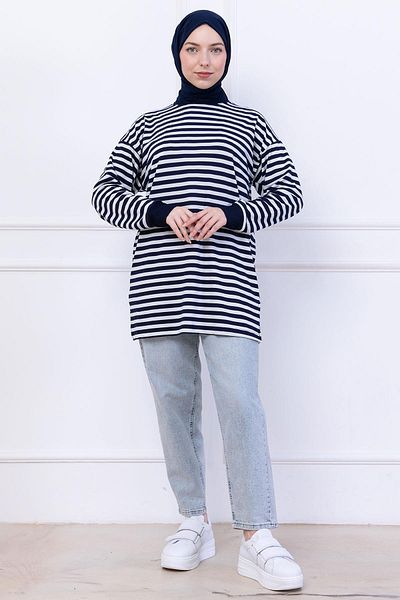hafsamina Striped Short Combed Cotton Tunic Navy Blue Hm2477