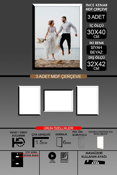 yhfoto 3 قطع إطار 30x40 - إطار A3 ذو شرائح رفيعة - لونين أسود وأبيض - إطار صور 6 مم