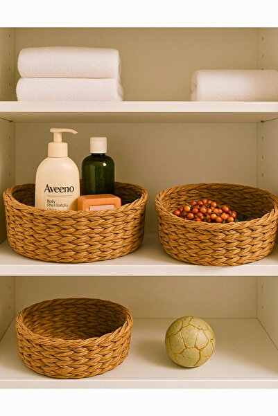 Woodcept. 3'lü Yuvarlak Hasır Çok Amaçlı Banyo Mutfak Makyaj Aksesuar Organiz...