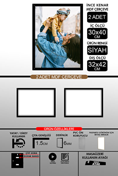 yhfoto 2 Adet 30x40 Çerçeve - İnce Çıtalı A3 Çerçeve - Siyah Çerçeve - 6mm - ...