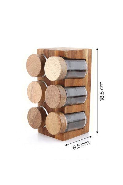 Kitchen Life Set of 6 Spice Jars with Acacia Stand and Acacia Lid 100 ml