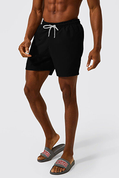 CHEISU Erkek Siyah Astarlı Hızlı Kuruyan Cepli Düz Plaj Deniz Şortu