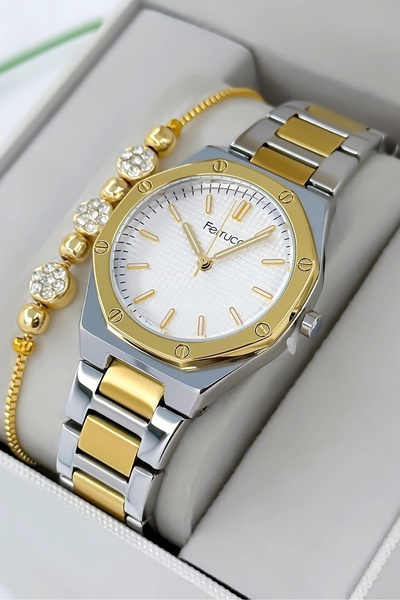 Ferrucci ساعة يد نسائية بسوار فولاذي وعلبة فولاذية، مقاومة للماء حتى 3 ATM ذهبي-فضي zmfer192