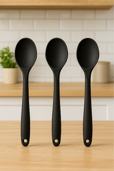 TARIK HOME 3-Piece Silicone Spoon Set, 20cm Short Deep Spoon, Hard Tip, Fireproof, Non-Stick, Heat Resistant 3 Colors