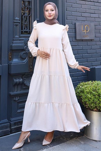 hafsamina Ayrobin Hijab Dress with Ruffles on the Shoulder Beige Hm2062