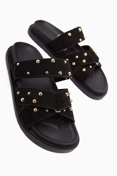 Limoya Mino Black Cross Strap Studded Women's Slippers
