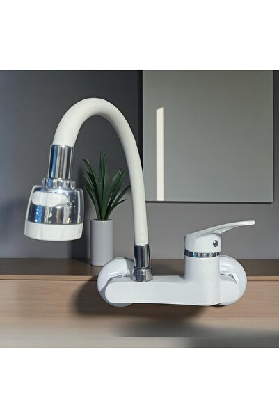 Viosa Beyaz Duvardan Aplike Mutfak Evye Bataryası Aç Kapa Oynar Borulu Musluk
