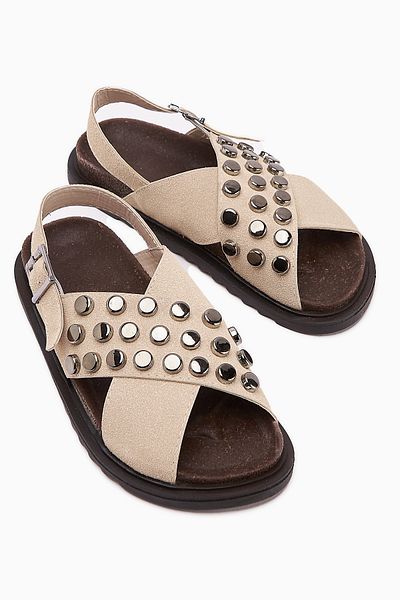 Limoya Lina Beige Studded Cross Strap Women's Sandals