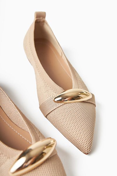 Limoya Lola Beige Metal Buckle Women's Ballerina Pointed Toe Comfortable Daily Shoes