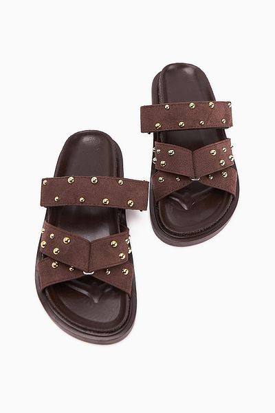 Limoya Mino Brown Cross Strap Studded Women's Slippers