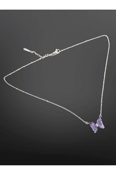 FM Silver Color Purple Stone Butterfly Figured 316L Steel Necklace 45 cm |   Stylish and Romantic with Exquisite Chain