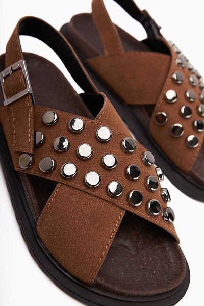 Limoya Lina Tan Studded Cross Strap Women's Sandals