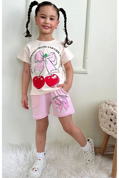 Yağmur Giyim Pjkskt Cherry Patterned Pink Shorts Girl's Short Sleeve Suit 7625-P