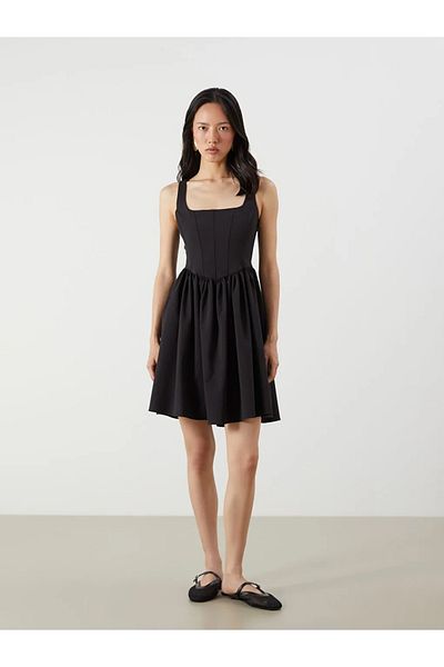 LC Waikiki Lcw Vision Black Square Neck Strap Poplin Mini Dress
