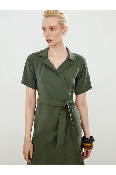 LC Waikiki Soulife Khaki Shirt Collar Belted Dress