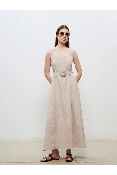 LC Waikiki Soulife Beige Heart Neckline Plaid Strap A-Line Dress