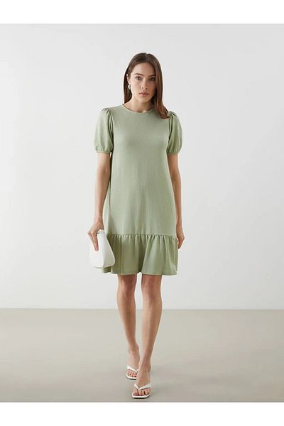 LC Waikiki Lcw Comfort Green Crew Neck Textured Mini Dress
