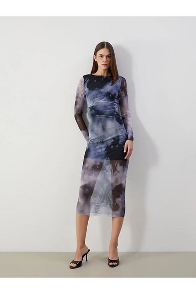 LC Waikiki Lcw Vision Navy Blue Bicycle Neck Tie Dye Patterned Women's Bodycon Dress