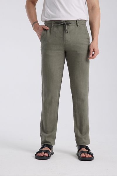 muzzo jeans Khaki 100% Linen Trousers with Elastic Waist