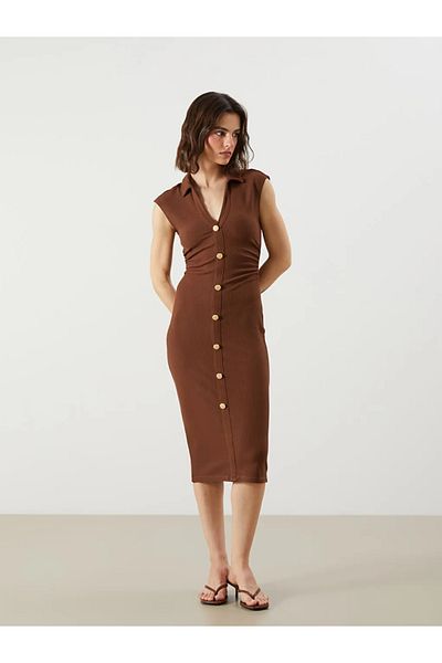 LC Waikiki Lcw Vision Brown Textured Shirred Shirt Dress