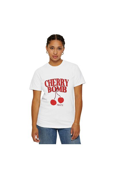 Hilosh Cherry Bomb Printed Crew Neck Comfort Fit Unisex White T-Shirt