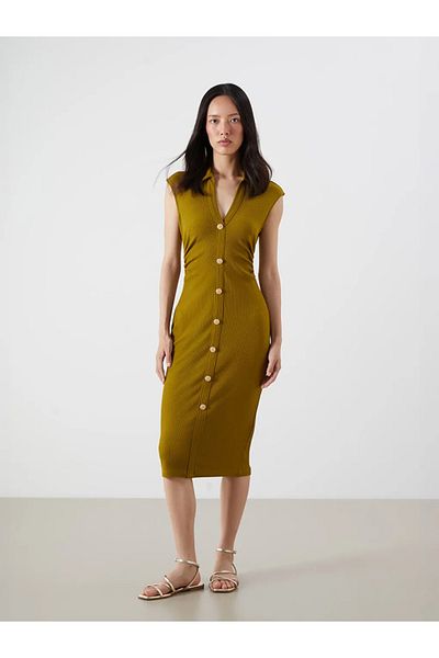 LC Waikiki Lcw Vision Green Textured Shirred Shirt Dress