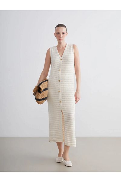 LC Waikiki Lcwaikiki Classic Ecru V-Neck Openwork Knitwear Dress
