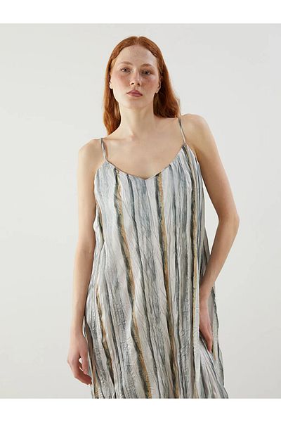 LC Waikiki Lcw Vision Green V-Neck Striped Strap Satin Women's Dress