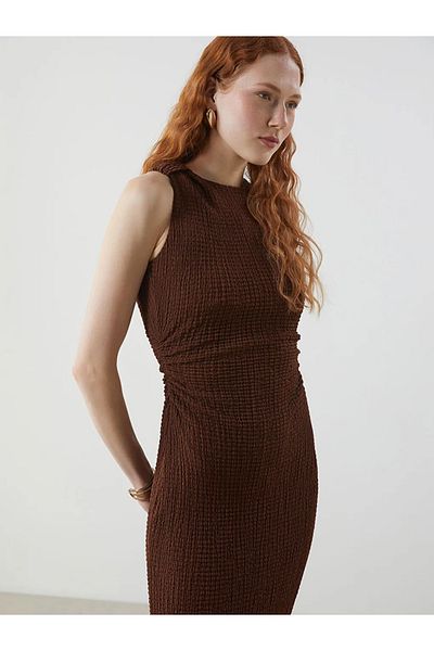 LC Waikiki Lcw Vision Brown Crew Neck Textured Women's Dress